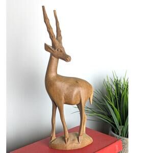 Vintage Hand-Carved Wooden Antelope  Mid-Century Modern Sculptural Minimalist